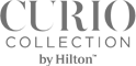 The image contains the logo for "Curio Collection by Hilton," which features the text in a stylized font.