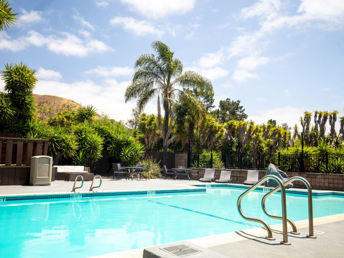 A serene outdoor pool surrounded by palm trees, sunbathing chairs, and a bright blue sky. The picture exudes a relaxing and tropical vibe.