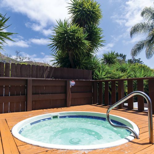 This image shows an outdoor hot tub on a wooden deck surrounded by palm trees and a wooden fence under a blue sky with some scattered clouds.