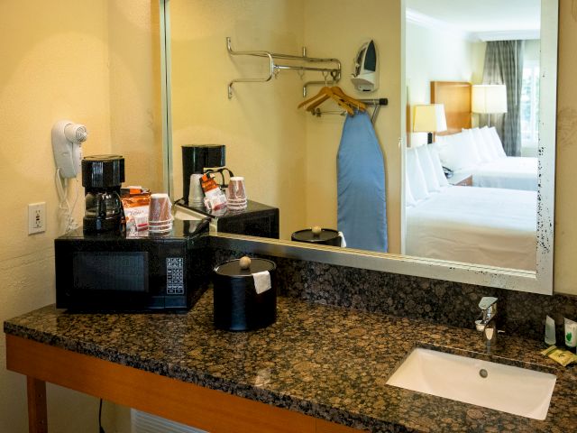 A hotel bathroom counter with a sink, mirror, coffee maker, and microwave, reflecting a bed in the mirror.