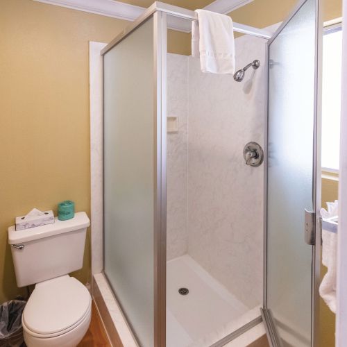 The image shows a small bathroom with a toilet, a trash bin, a shower with frosted glass doors, and a towel draped over the shower door.