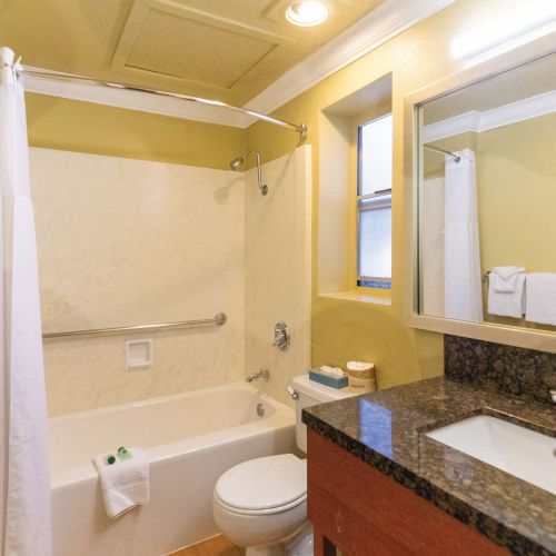 This image shows a bathroom with a bathtub, shower curtain, toilet, and a sink with a granite countertop. Towels are neatly hung on racks.