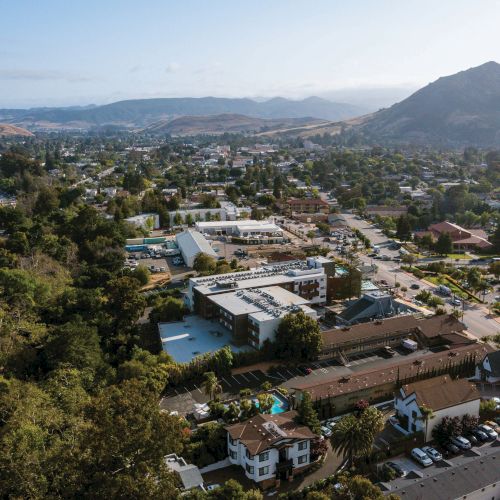 An aerial view of a suburban neighborhood with houses, buildings, trees, and a mountain in the background under a clear sky ending the sentence.