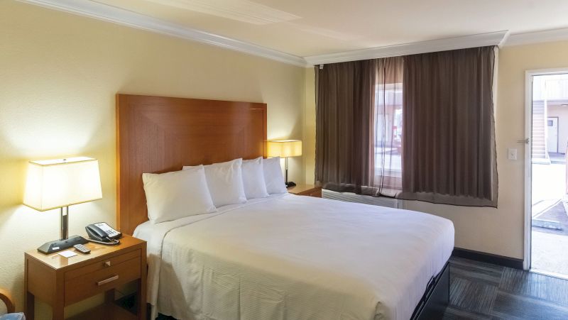 A hotel room with a bed, two nightstands with lamps, a window with curtains, and a door.